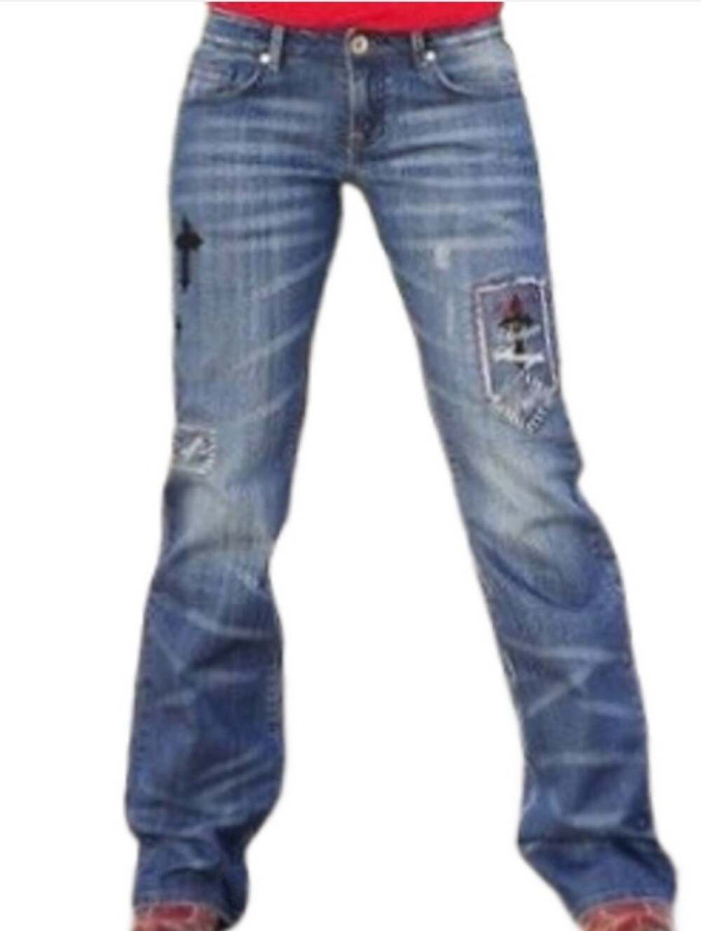 Cowgirl Tuff Love & Strength Distressed Embroidered Boot Cut Jeans Size 28 x 35